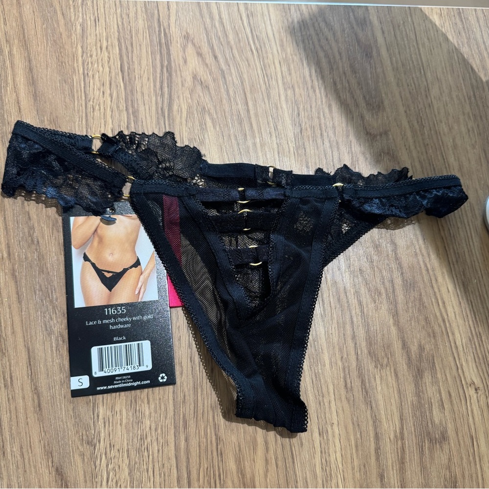Seven Til Midnight Lace & Mesh Cheeky Thong with gold hardware